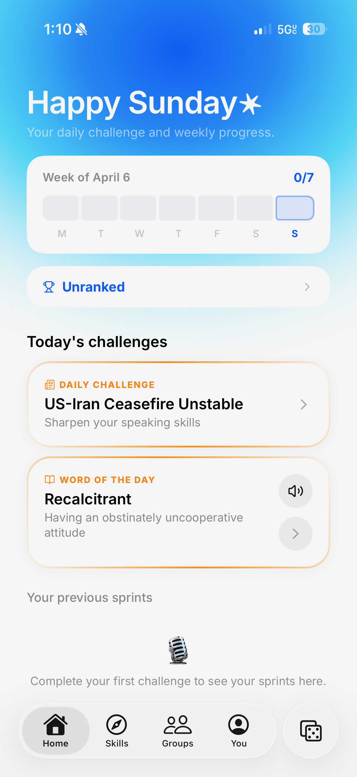 Articulate app home screen showing daily speaking challenges